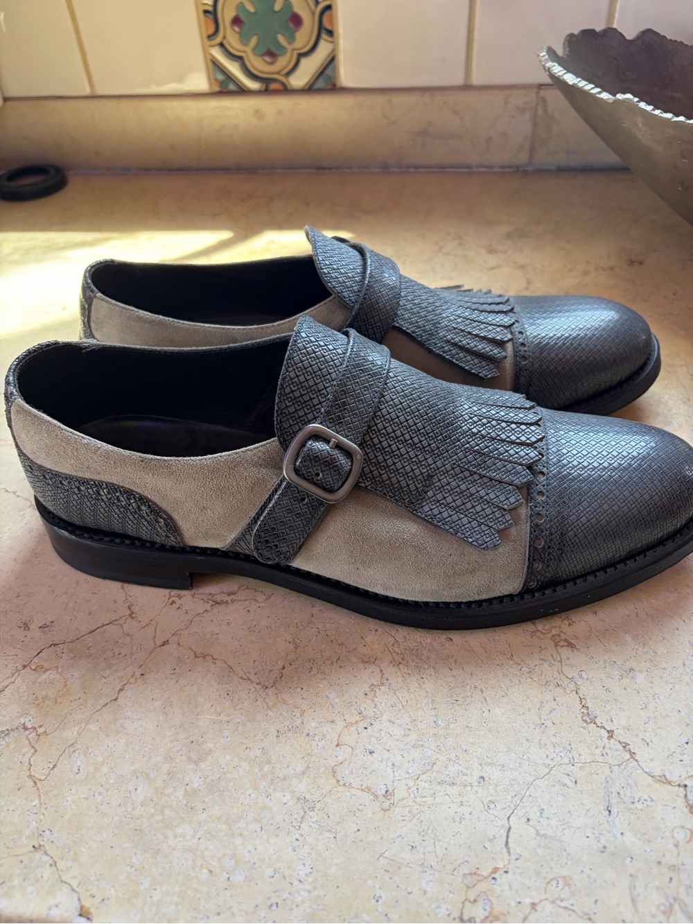 Canali Made-To-Order Kiltie Monk Strap Grey Embossed Leather Suede